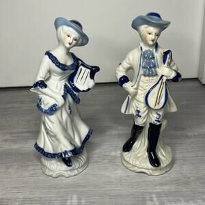 Colonial dandy figurine/doll and woman/lady with harp porcelain hand painted set